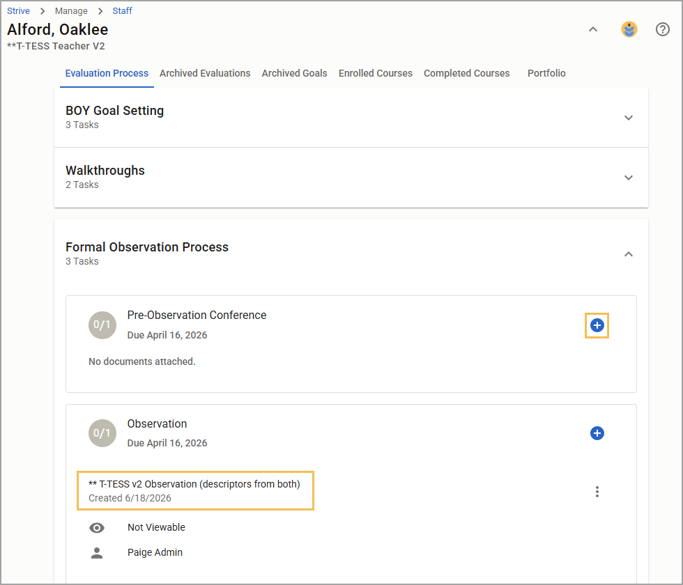 Overview of evaluation process with tasks for observation and conferences listed as well as the ability to add a new document.